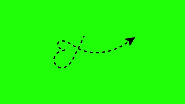 Animation of a curved arrow line resembling a heart, an arrow with a broken line, a running direction, 4k video green background