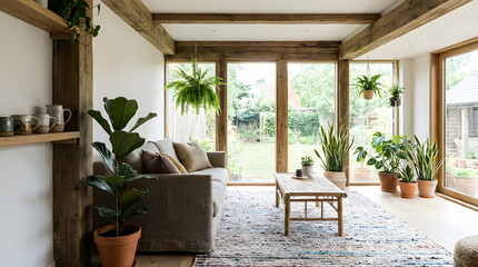 Fototapeta premium Sustainable living room interior with natural materials and modern eco-friendly design