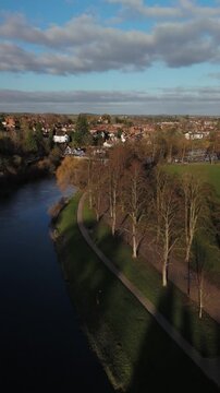 Aerial View of Greyfriars Footbridge Over River Severn with Riverside Tudor Buildings, Shrewsbury
