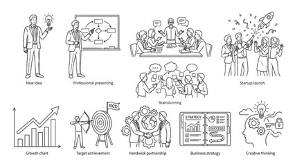Obraz premium Business Innovation and Leadership Line Art Vector Set Entrepreneur Ideas and Team Presentation Collection