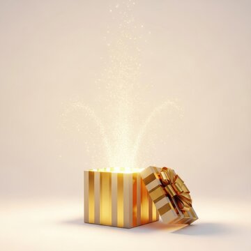 Open golden gift box with sparkling light and glitter emerging on light background.