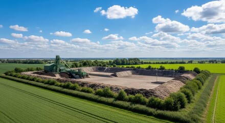 Naklejka premium Agricultural Waste Management Facility with Industrial Machinery Under a Sunny Sky