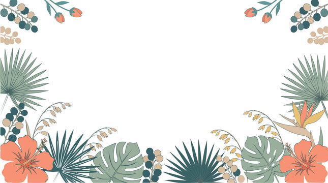 Tropical botanical border vector with coral hibiscus flowers, palm leaves, and wild grass on a white background.