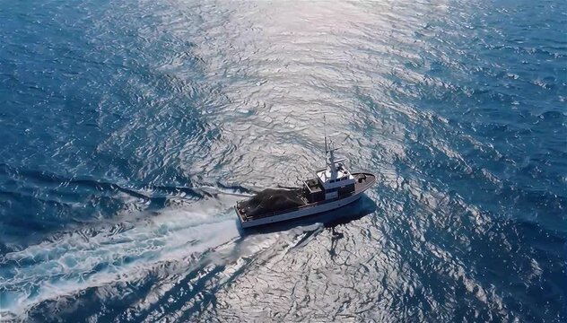 Fishing boat sailing on the blue waves of the ocean in sunny weather. fishing trawler sways on the waves of the Pacific Ocean. Aerial view.
