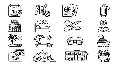 Fototapeta premium Summer Tourism and Holiday Icon Pack with Travel Planning, Beach Vacation and Adventure Symbols