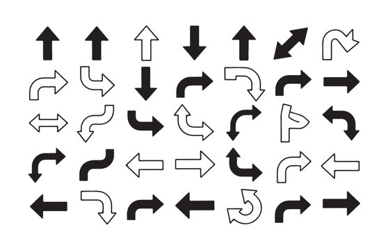 Versatile black and white curved arrows showing rotation turn and multi directional path movements.