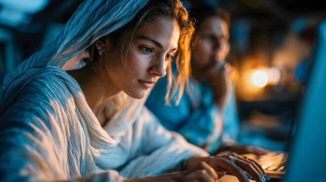 Young student attends an online lesson on a laptop while her mother offers support at home, illustrating remote education and digital learning
