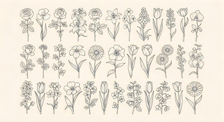 Fototapeta premium 40 Floral Illustrations, Vintage Flower Doodles, Botanical Sketches, Black Line Art floral