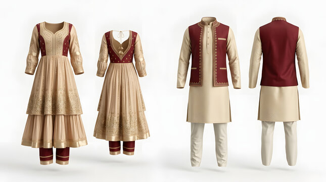 Traditional Indian wedding couple apparel mockups featuring beige and maroon Anarkali suit and Kurta Pajama set
