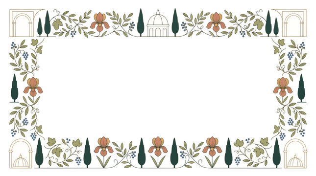 Elegant Mediterranean frame with cypress trees and botanical vines classical Florence style rectangular border template
