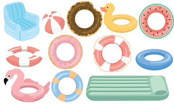 Summer pool float and inflatable swim ring set vector illustration. Flat cartoon beach air mattress, flamingo, donut, and lifebuoy collection.