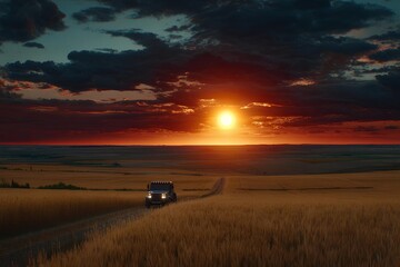 Fototapeta premium Autumn landscape with a truck on a road during sunset.
