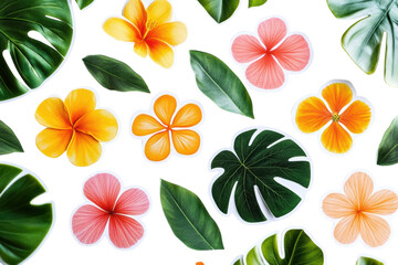 Obraz premium Beautifully arranged tropical hibiscus flowers and lush green monstera leaves creating a vibrant summer pattern aesthetic with bright colorful petals arranged flat on white background