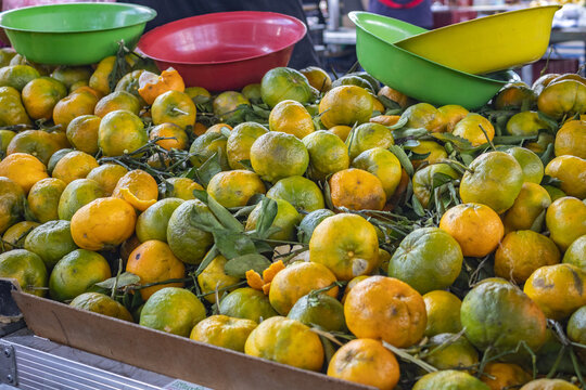 Fresh Organic Tangerines with Green Leaves at a Local Farmers Market Display