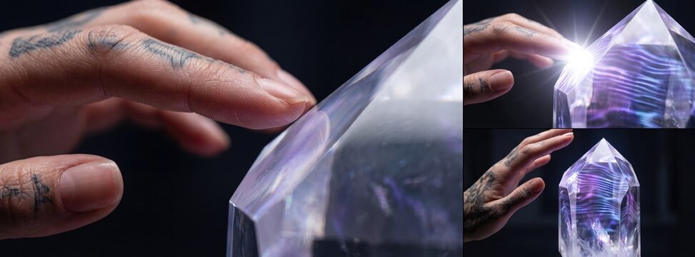 Woman touching translucent magic crystal with glowing light reflection. Mystical energy and fantasy spiritual ritual concept. Future technology or psychic power exploration with hand.