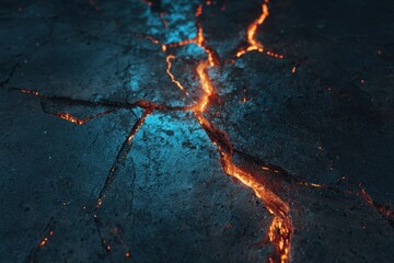 Fototapeta premium Flowing molten lava cracks through dark volcanic ground at night
