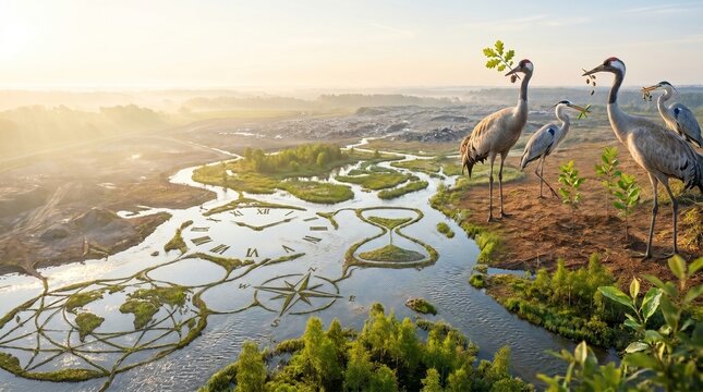 Cranes standing near river shaped like clock and compass in misty landscape