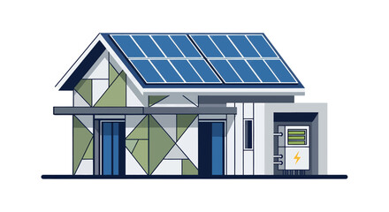 Fototapeta premium Modern house with solar panels on the roof and an external energy storage unit, illustrating sustainable living.