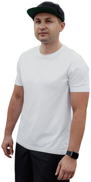 Blank white t shirt mockup on bearded man isolated on transparent background