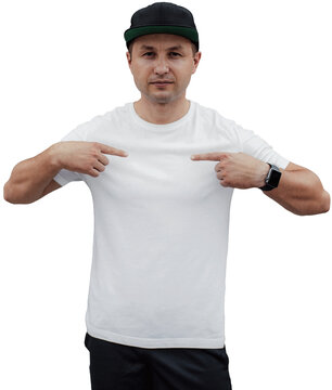 Blank white t shirt mockup on bearded man isolated on transparent background