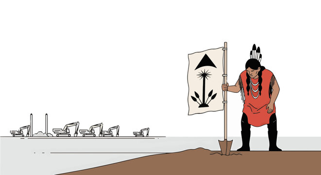 Indigenous land defender planting a flag against industrial excavators