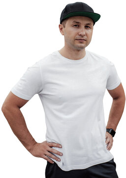 Blank white t shirt mockup on bearded man isolated on transparent background
