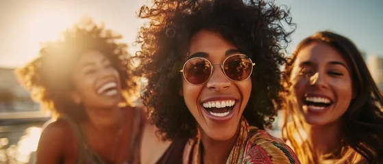 Group of cheerful multiethnic young women laughing together during golden hour sunset © pixelliebe
