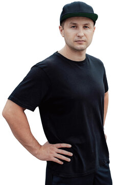 Blank black t shirt mockup on bearded man isolated on transparent background