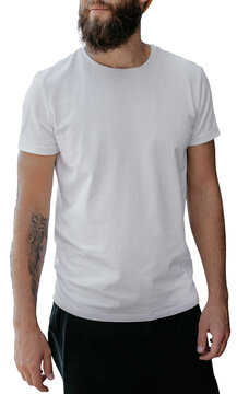 Blank white t shirt mockup on bearded man isolated on transparent background