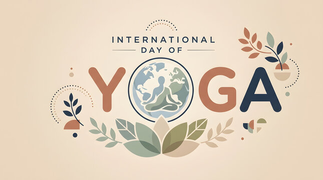 International day of yoga typography poster featuring global concept and meditating figure, wellness