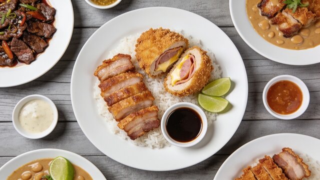 Filipino food platter featuring beef bulgogi, chicken cordon bleu, crispy bagnet and kare-kare, top view on grey wood