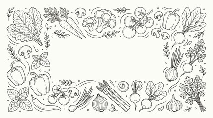 Fototapeta premium Hand-drawn line art illustration of a rectangular frame made of various fresh vegetables and herbs, perfect for a healthy food background.