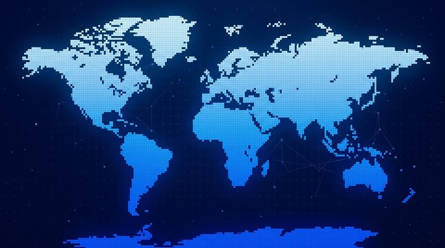 A pixelated world map on a dark blue background with a grid pattern and connections