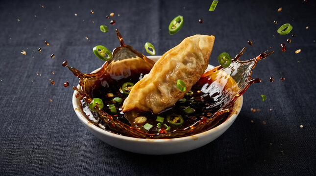 High Speed Dipping Crispy Fried Mandu Dumpling into Splashing Soy Sauce