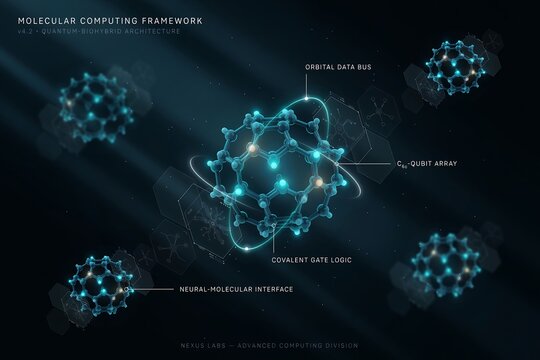 Molecular computing framework diagram showing c60 qubit arrays, orbital data buses, and covalent gate logic in a dark environment