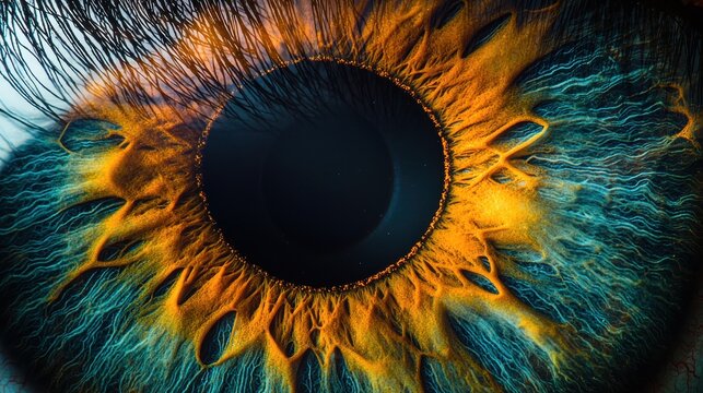 Iris pattern depth extreme closeup macro eye surface detailed structure eyelash texture background dramatic lighting natural color variations