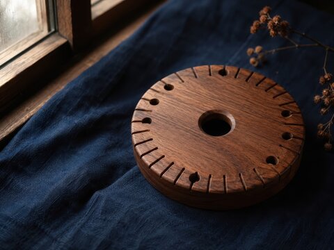 walnut kumihimo braiding disk on indigo cotton with cinematic soft light and clean negative space for premium stock background