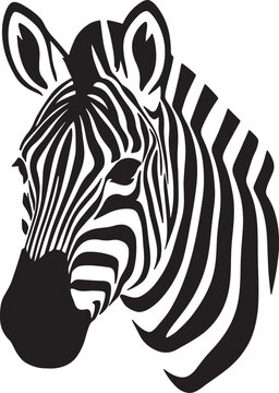 Stylized black and white of a zebra head, showcasing distinctive striped patterns in a minimalist silhouette on a white background, also transparent background