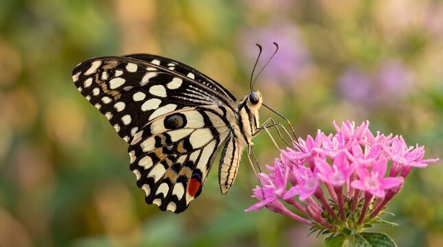 Detailed macro side profile of a lime butterfly with black and white patterned wings perched gracefully upon a cluster of vibrant pink pentas flowers under soft warm natural garden light