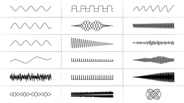 Sound Wave Patterns Arranged in a Grid Showcasing Various Waveforms and Frequencies Featuring Pattern, Frequency, Sine