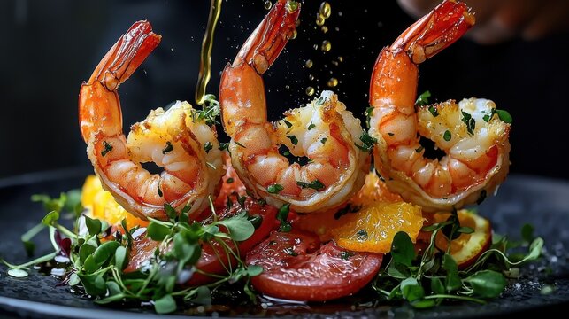 Flash fried jumbo shrimp with golden caramelized exterior drizzled with olive oil over vibrant microgreens and citrus segments on premium slate plate