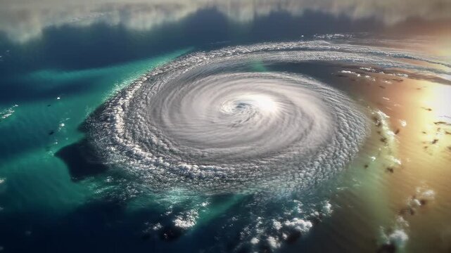 Satellite footage of a powerful hurricane swirling over ocean waters with storm clouds and atmospheric patterns in motion captured