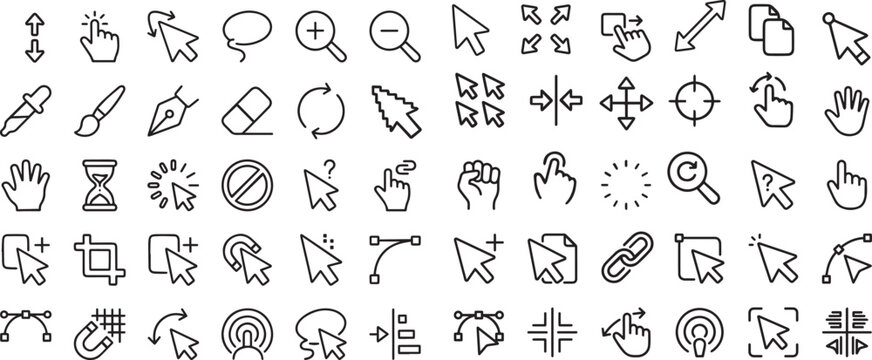 Minimalist computer cursor icons set, black outline mouse pointer vector collection, digital interface navigation symbols for web design and apps