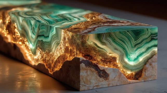 Green onyx pattern polished slab with backlit striations angled view glowing surface rich color depth versatile luxury interior design background