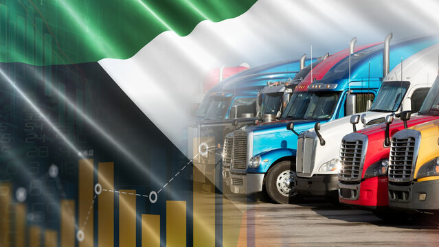 The Kuwaiti road transport and logistics industry: The close link between goods circulation and economic development and fluctuations, illustrated with truck convoys and financial charts against 