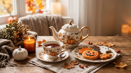 Fototapeta premium Elegant Halloween Tea Time with Pumpkin Cookies