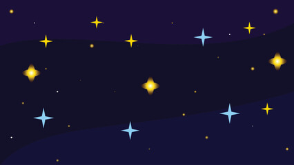 Fototapeta premium Abstract night sky with glowing yellow and blue stars in a digital vector illustration featuring smooth dark wave layered background design