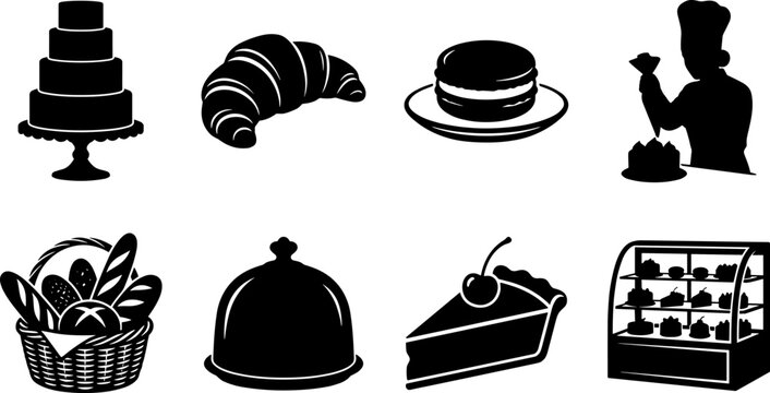 Bakery and pastry icons set with cake, croissant, macaron, bread basket, pie, and dessert display symbols