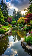 Fototapeta premium Serene garden pond with vibrant plants.