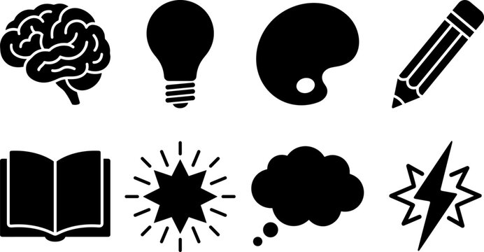 Creativity and inspiration icons set with brain, light bulb, book, pencil, and artistic learning symbols